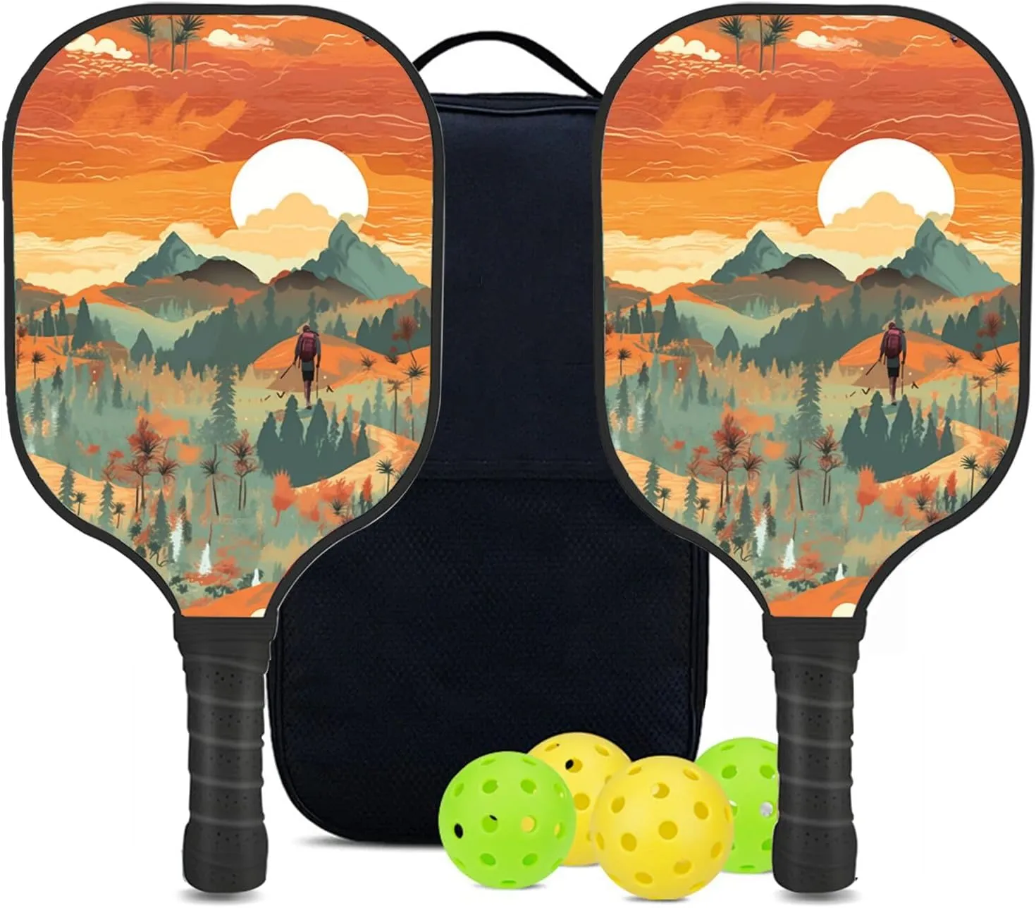 Custom Pickleball Paddles Set with 2 Pickleball Rackets 4 Pickle Balls 1 Carry Bag, Hiking-BJ422 Pattern, Carbon Fiber,Honeycomb Polymer Core & Comfort Grip