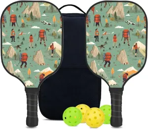 Custom Pickleball Paddles Set with 2 Pickleball Rackets 4 Pickle Balls 1 Carry Bag, Hiking-BJ437 Pattern, Carbon Fiber,Honeycomb Polymer Core & Comfort Grip