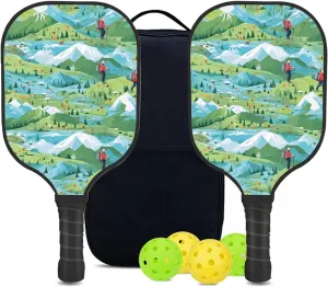 Custom Pickleball Paddles Set with 2 Pickleball Rackets 4 Pickle Balls 1 Carry Bag, Hiking-BJ439 Pattern, Carbon Fiber,Honeycomb Polymer Core & Comfort Grip