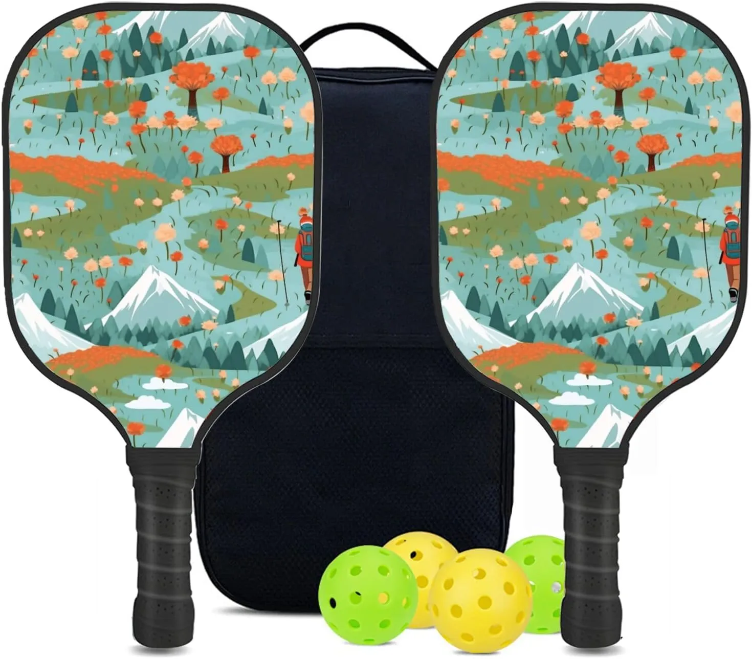 Custom Pickleball Paddles Set with 2 Pickleball Rackets 4 Pickle Balls 1 Carry Bag, Hiking-BJ446 Pattern, Carbon Fiber,Honeycomb Polymer Core & Comfort Grip