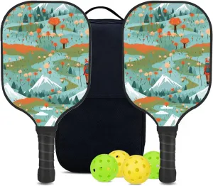 Custom Pickleball Paddles Set with 2 Pickleball Rackets 4 Pickle Balls 1 Carry Bag, Hiking-BJ446 Pattern, Carbon Fiber,Honeycomb Polymer Core & Comfort Grip