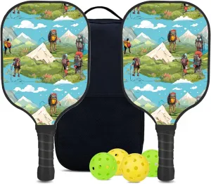 Custom Pickleball Paddles Set with 2 Pickleball Rackets 4 Pickle Balls 1 Carry Bag, Hiking-BJ447 Pattern, Carbon Fiber,Honeycomb Polymer Core & Comfort Grip