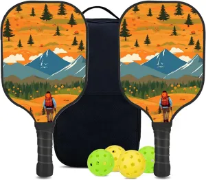 Custom Pickleball Paddles Set with 2 Pickleball Rackets 4 Pickle Balls 1 Carry Bag, Hiking-BJ455 Pattern, Carbon Fiber,Honeycomb Polymer Core & Comfort Grip