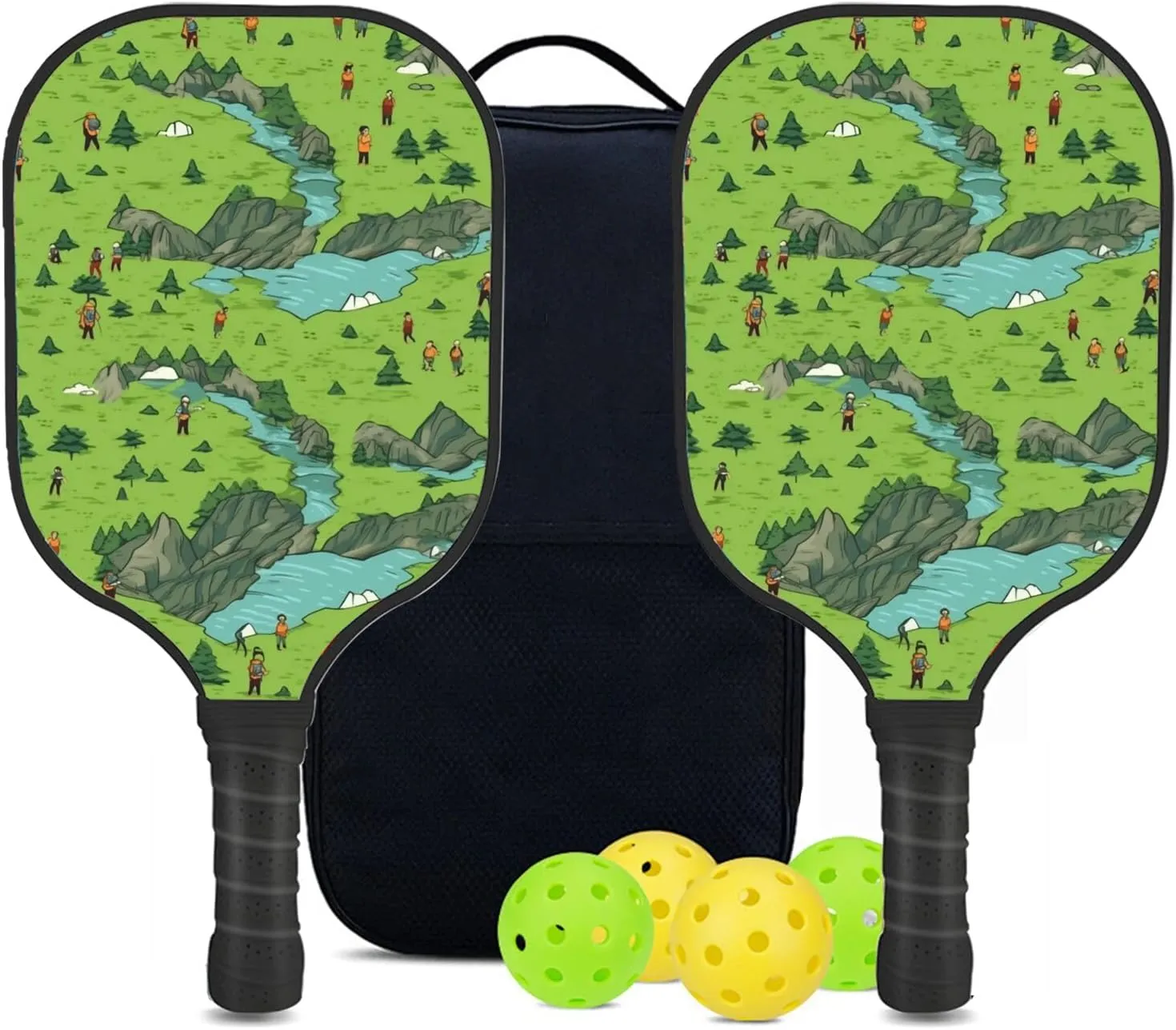Custom Pickleball Paddles Set with 2 Pickleball Rackets 4 Pickle Balls 1 Carry Bag, Hiking-BJ457 Pattern, Carbon Fiber,Honeycomb Polymer Core & Comfort Grip
