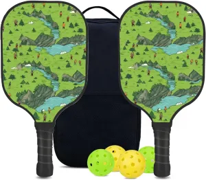 Custom Pickleball Paddles Set with 2 Pickleball Rackets 4 Pickle Balls 1 Carry Bag, Hiking-BJ457 Pattern, Carbon Fiber,Honeycomb Polymer Core & Comfort Grip