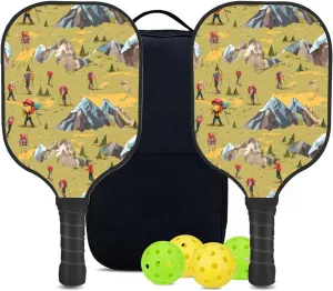 Custom Pickleball Paddles Set with 2 Pickleball Rackets 4 Pickle Balls 1 Carry Bag, Hiking-BJ467 Pattern, Carbon Fiber,Honeycomb Polymer Core & Comfort Grip