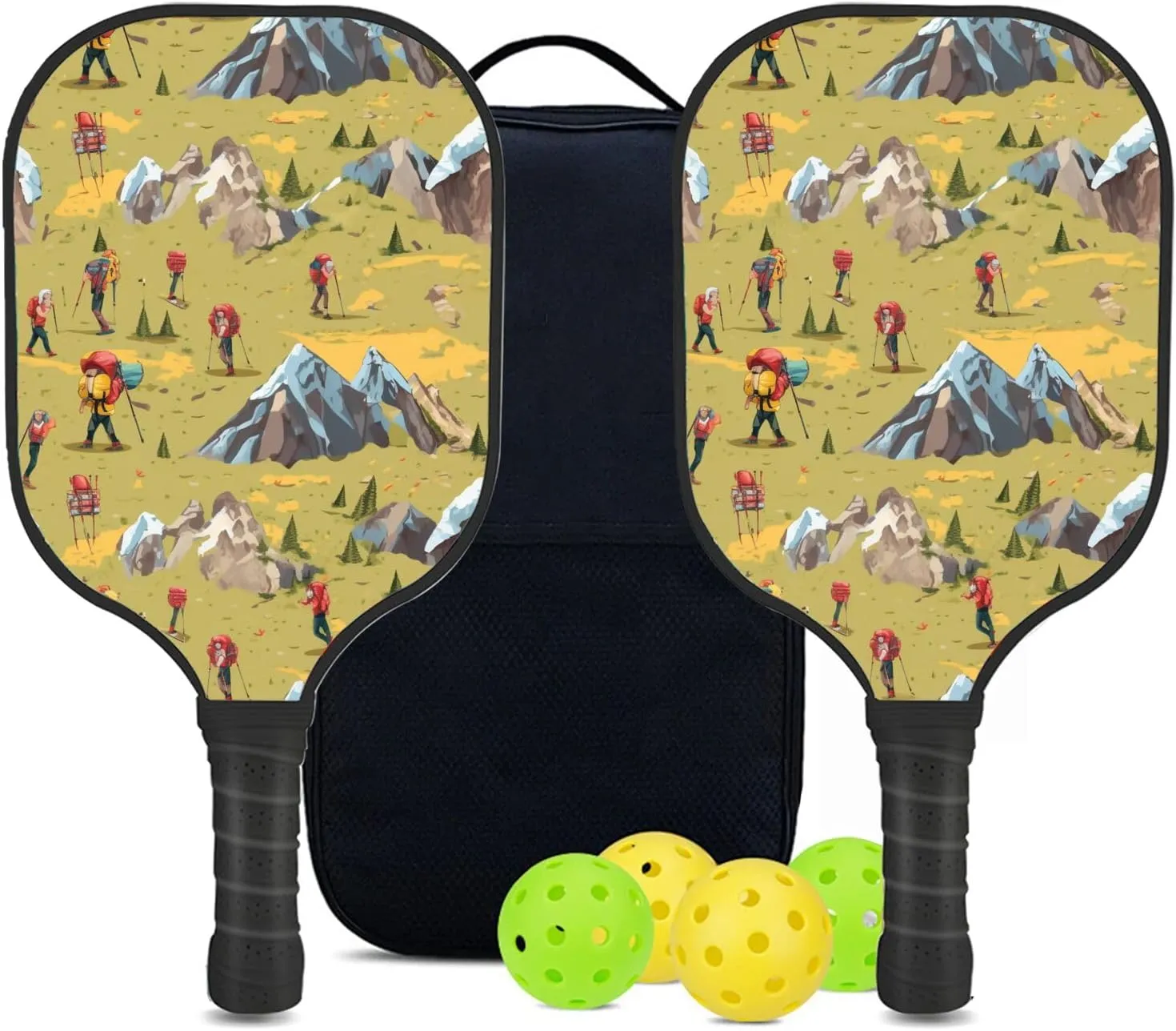 Custom Pickleball Paddles Set with 2 Pickleball Rackets 4 Pickle Balls 1 Carry Bag, Hiking-BJ467 Pattern, Carbon Fiber,Honeycomb Polymer Core & Comfort Grip