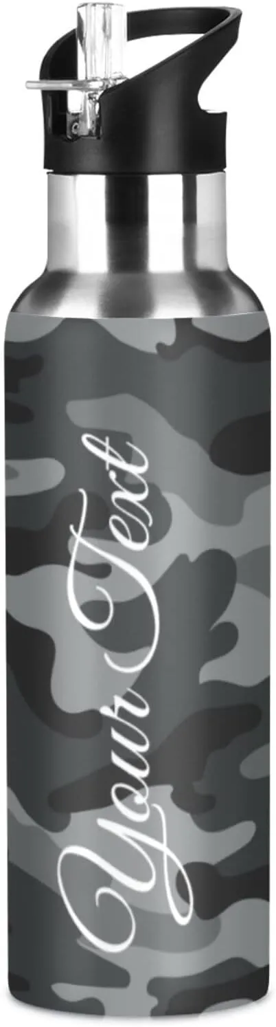 Custom Water Bottle, Camouflage Water Bottle with Straw Lid, BPA-Free, 20 oz Insulated Stainless Steel, Personalized Name, for School, Office, Gym, Sports, Travel