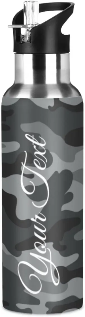 Custom Water Bottle, Camouflage Water Bottle with Straw Lid, BPA-Free, 20 oz Insulated Stainless Steel, Personalized Name, for School, Office, Gym, Sports, Travel