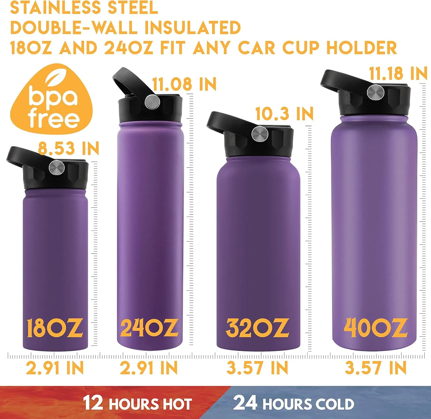 Custom Water Bottle w Straw Lid & Handle | 24 oz - Purple | Personalized Double-Wall Vacuum-Insulated Sports Water Bottle w Name, Text | Laser Engraved Water Bottle with 3 sizes, 12 designs & 9 color