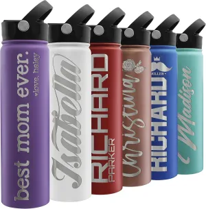 Custom Water Bottle w Straw Lid & Handle | 24 oz - Purple | Personalized Double-Wall Vacuum-Insulated Sports Water Bottle w Name, Text | Laser Engraved Water Bottle with 3 sizes, 12 designs & 9 color
