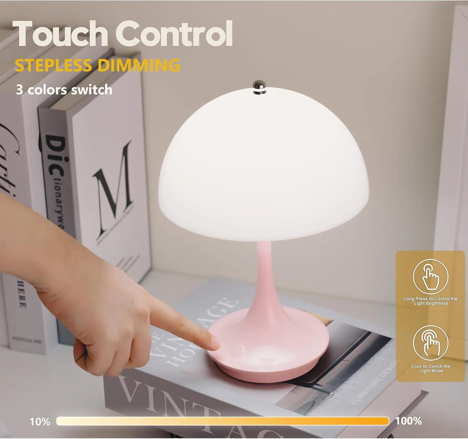 Cute Cordless Mini Mushroom Table Lamp - Rechargeable 3000mAh Battery, Dimmable Touch LED, Portable Bedside Nightstand Light for Bedroom, Kitchen, Bathroom, Office & Study Decor - Pink