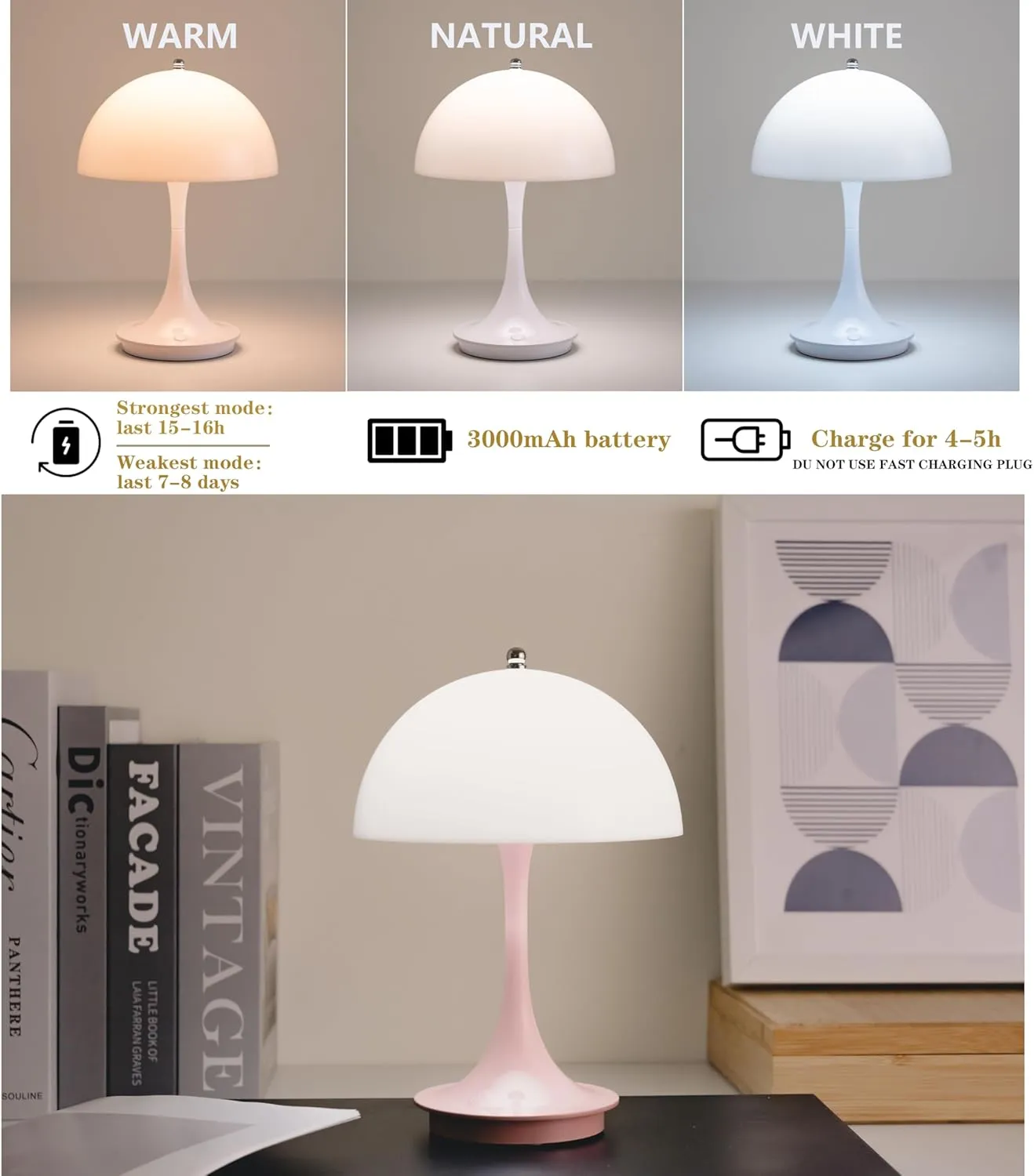 Cute Cordless Mini Mushroom Table Lamp - Rechargeable 3000mAh Battery, Dimmable Touch LED, Portable Bedside Nightstand Light for Bedroom, Kitchen, Bathroom, Office & Study Decor - Pink