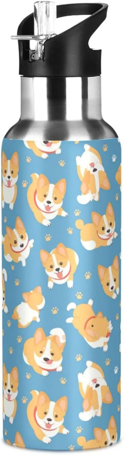 Cute Corgi Water Bottle with Straw Lid Double Wall Dog Paws Thermos Bottle Vacuum Insulated Flask Stainless Steel Water Bottle for Gym Outdoor 20 OZ