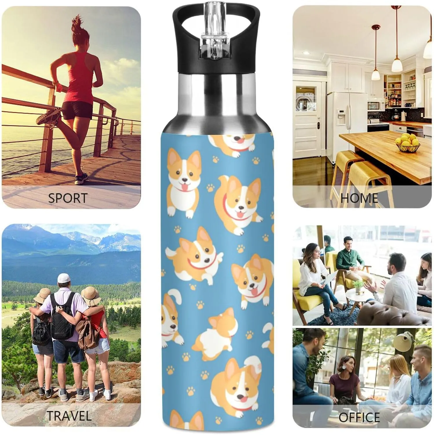 Cute Corgi Water Bottle with Straw Lid Double Wall Dog Paws Thermos Bottle Vacuum Insulated Flask Stainless Steel Water Bottle for Gym Outdoor 20 OZ