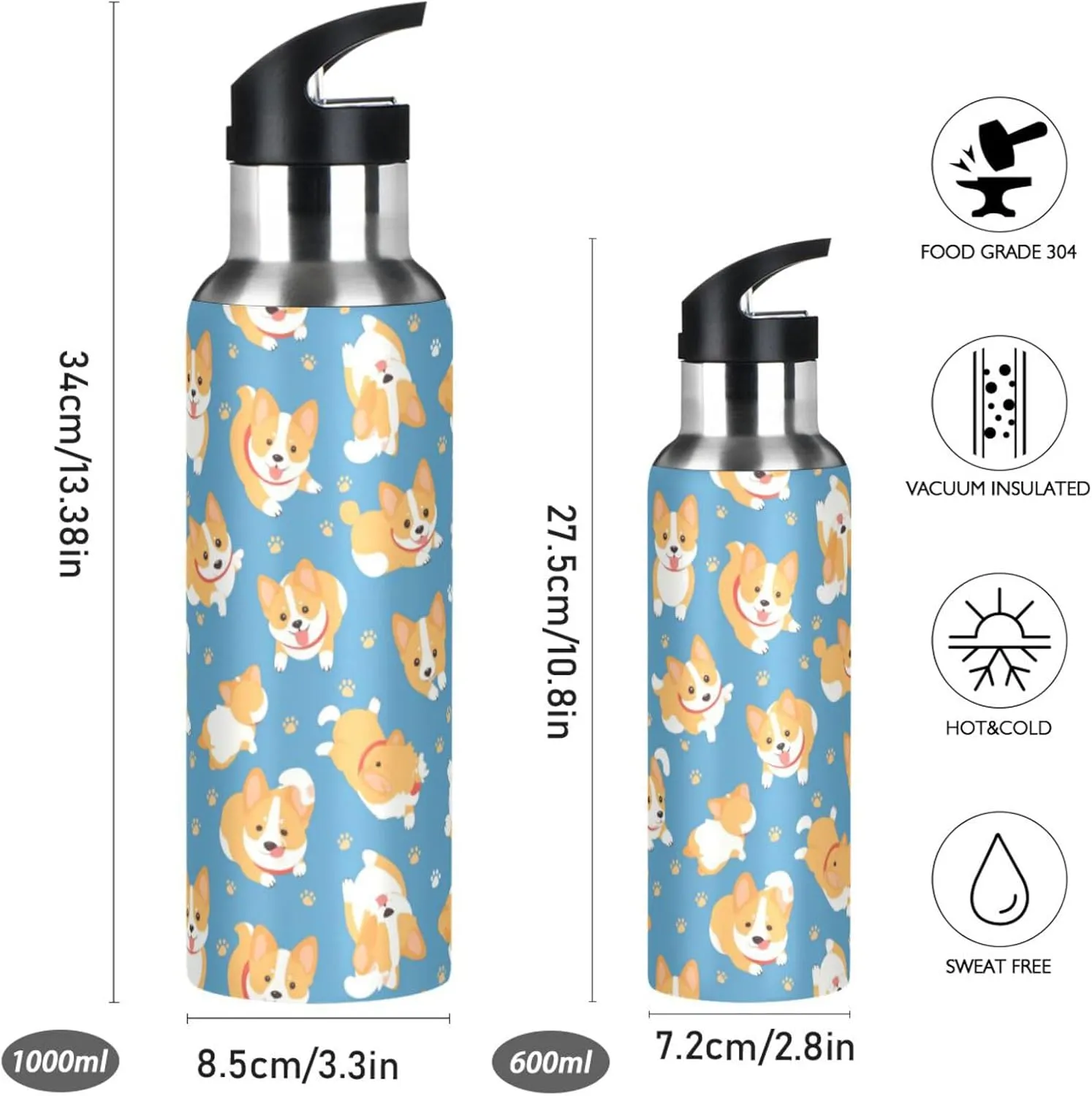 Cute Corgi Water Bottle with Straw Lid Double Wall Dog Paws Thermos Bottle Vacuum Insulated Flask Stainless Steel Water Bottle for Gym Outdoor 20 OZ