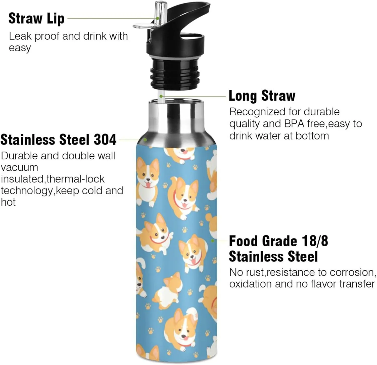 Cute Corgi Water Bottle with Straw Lid Double Wall Dog Paws Thermos Bottle Vacuum Insulated Flask Stainless Steel Water Bottle for Gym Outdoor 20 OZ