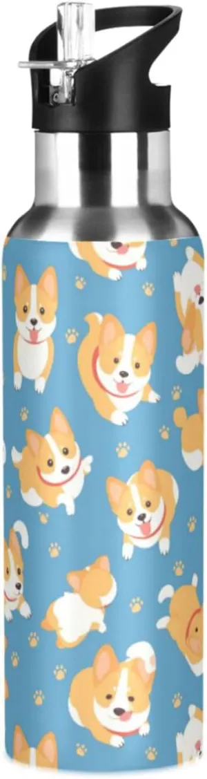 Cute Corgi Water Bottle with Straw Lid Double Wall Dog Paws Thermos Bottle Vacuum Insulated Flask Stainless Steel Water Bottle for Gym Outdoor 20 OZ