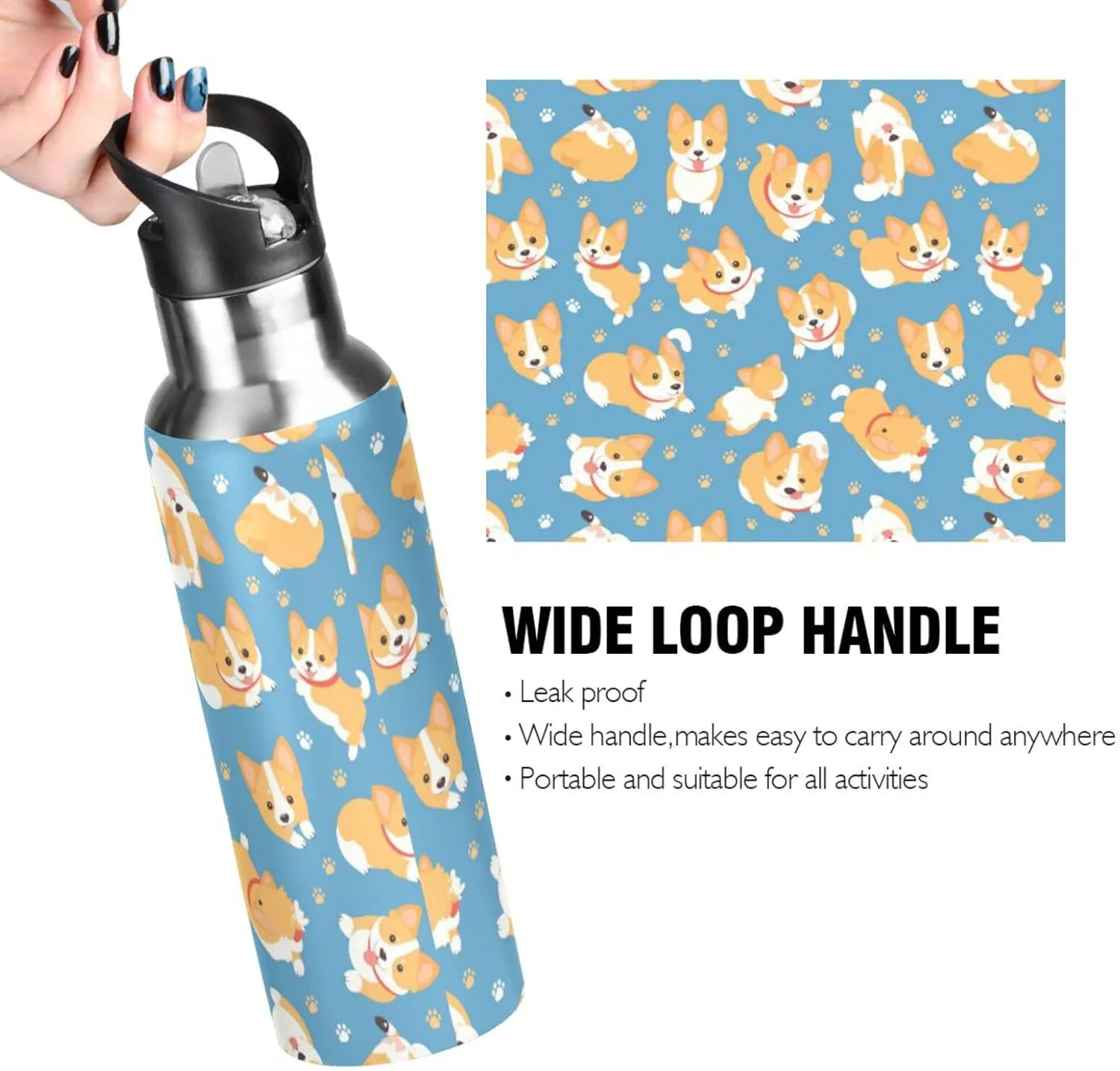 Cute Corgi Water Bottle with Straw Lid Double Wall Dog Paws Thermos Bottle Vacuum Insulated Flask Stainless Steel Water Bottle for Gym Outdoor 20 OZ