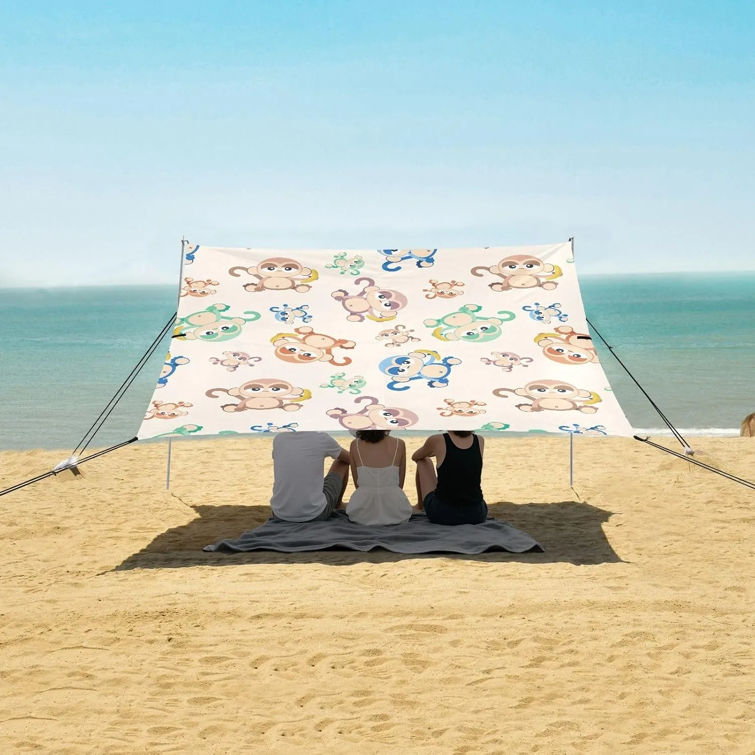 Cute Monkey Beach Camping Tent Sun Shelter for Whole Family, Beach Shade Canopy with UPF50  UV Protection,Easy Set Up and Carry,Outdoor Shade for Trips, Fishing, Backyard Fun Picnics