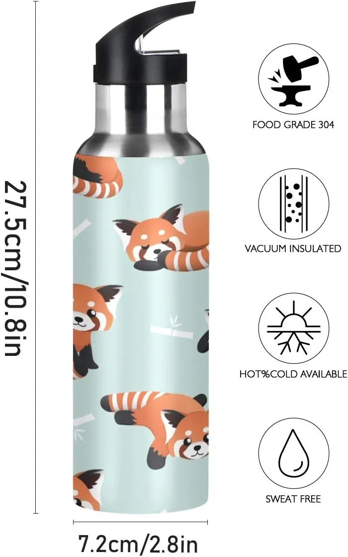 Cute Red Panda Water Bottle with Straw, Insulation Stainless Steel Water Bottle BPA Free Water Jug for Fitness Camping Outdoor Sports