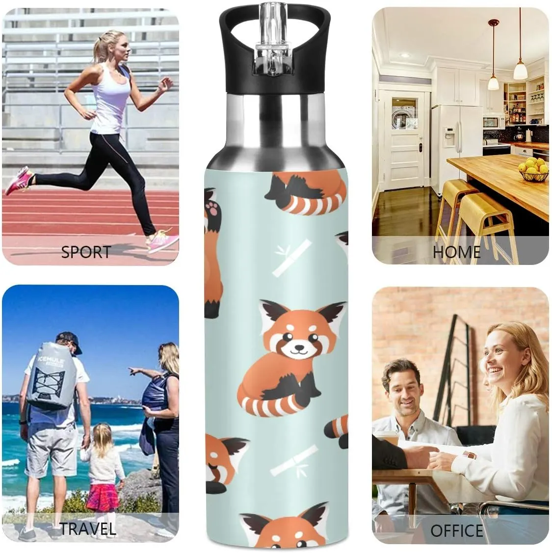 Cute Red Panda Water Bottle with Straw, Insulation Stainless Steel Water Bottle BPA Free Water Jug for Fitness Camping Outdoor Sports