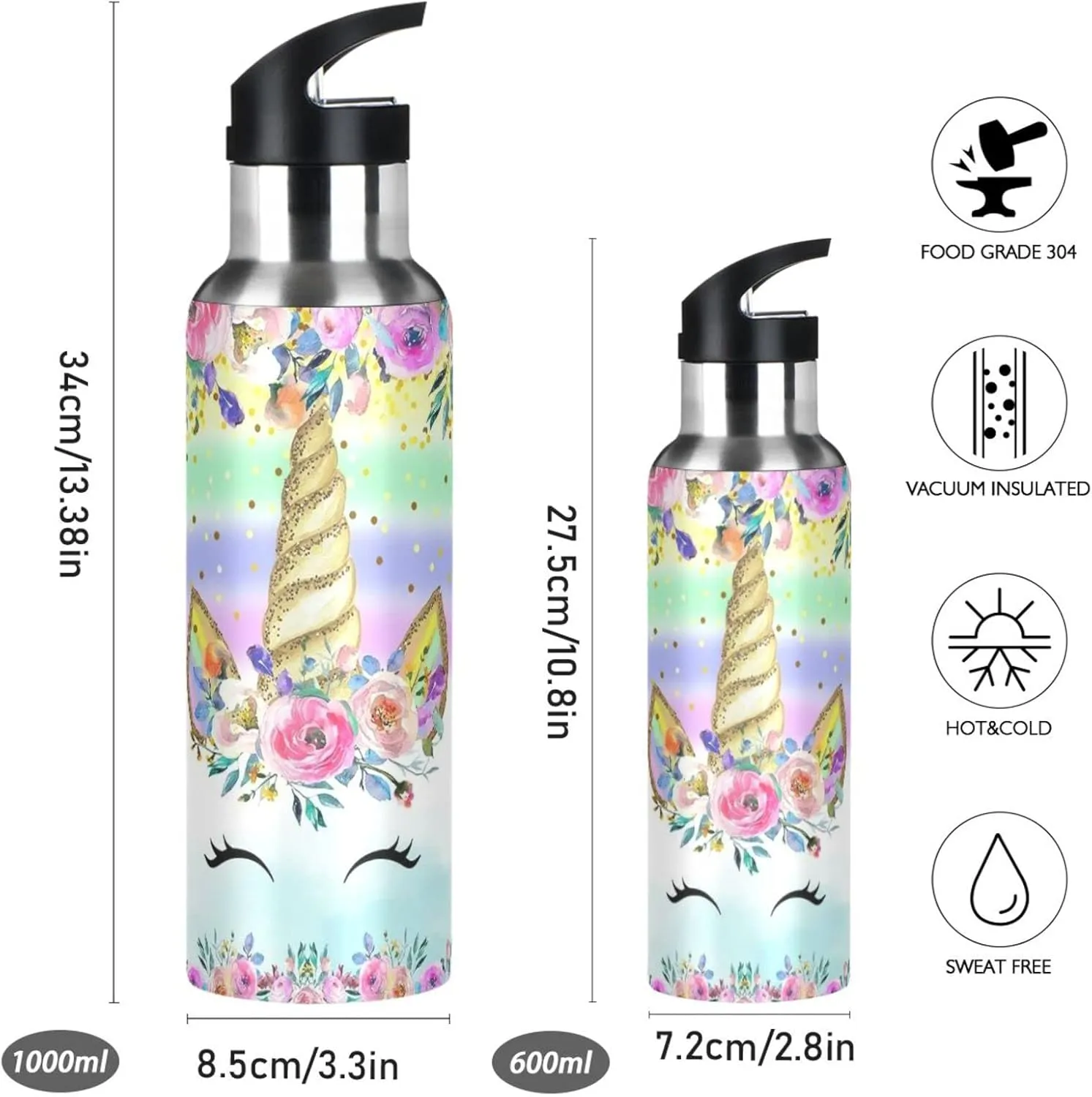 Cute Unicorn Water Bottle Kids Insulated Boys Girls Stainless Steel Hot Cold Water Flask Jug with Straw Lid for Sports Gym Running 20 oz