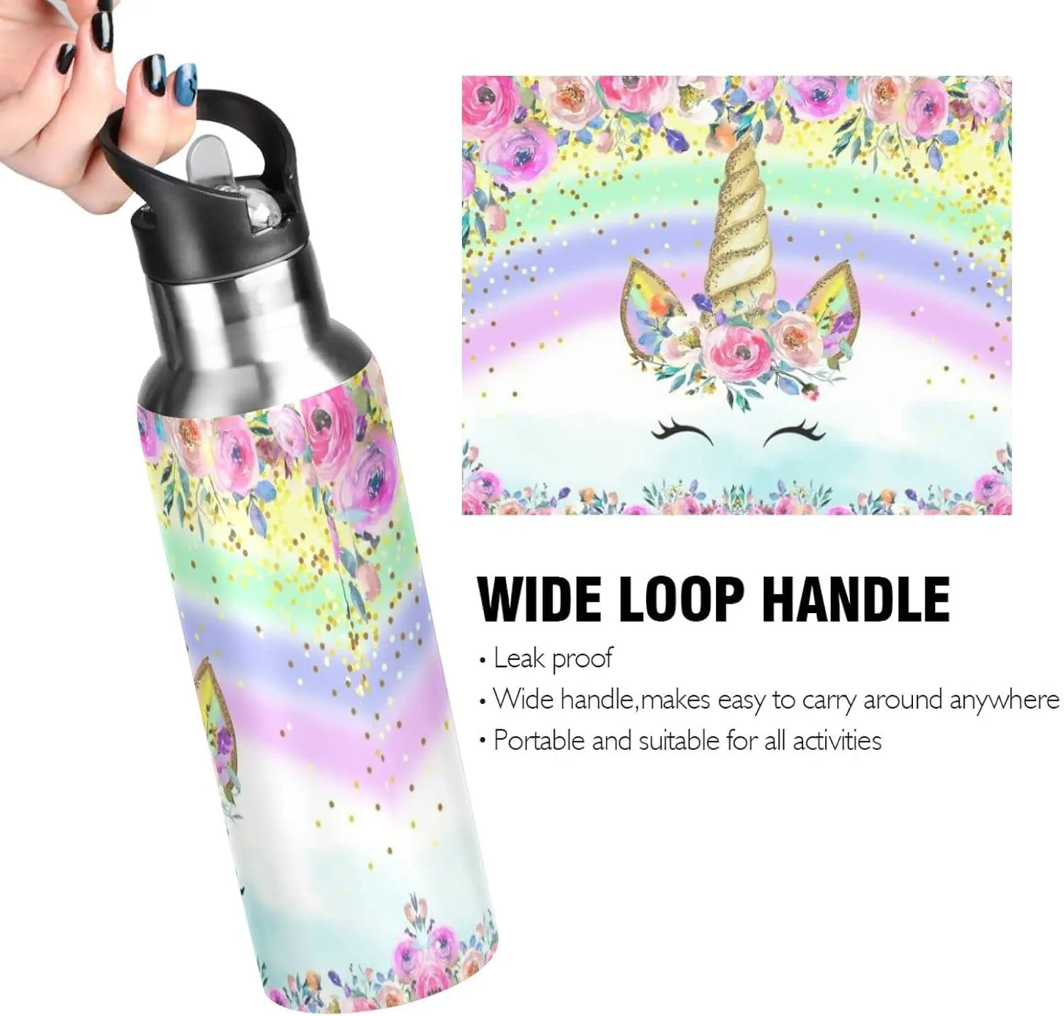 Cute Unicorn Water Bottle Kids Insulated Boys Girls Stainless Steel Hot Cold Water Flask Jug with Straw Lid for Sports Gym Running 20 oz