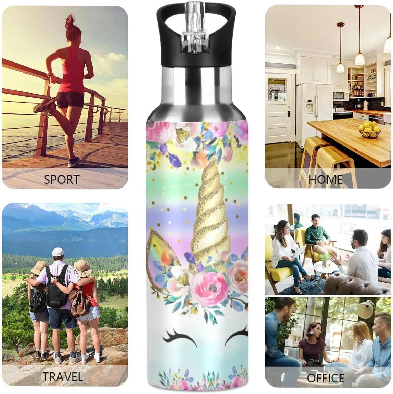 Cute Unicorn Water Bottle Kids Insulated Boys Girls Stainless Steel Hot Cold Water Flask Jug with Straw Lid for Sports Gym Running 20 oz