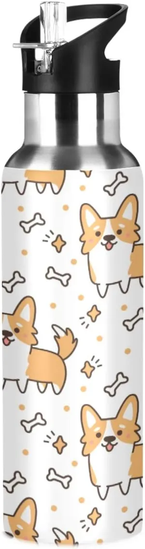 Cute Welsh Corgi Stainless Steel Water Bottle with Straw, BPA Free Reusable Leakproof Water Jug for Fitness Camping Outdoor Sports
