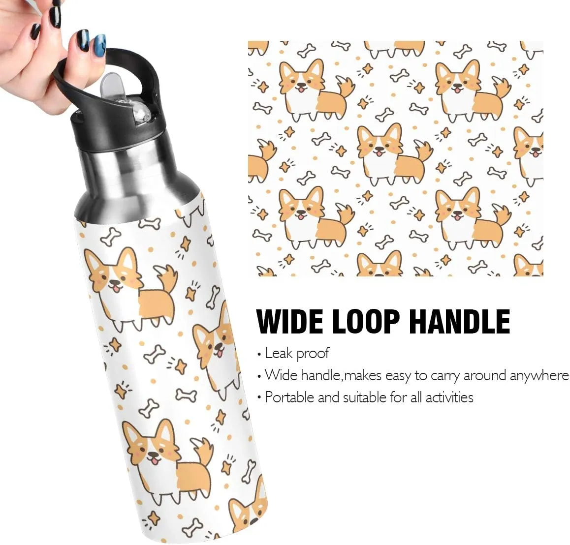 Cute Welsh Corgi Stainless Steel Water Bottle with Straw, BPA Free Reusable Leakproof Water Jug for Fitness Camping Outdoor Sports