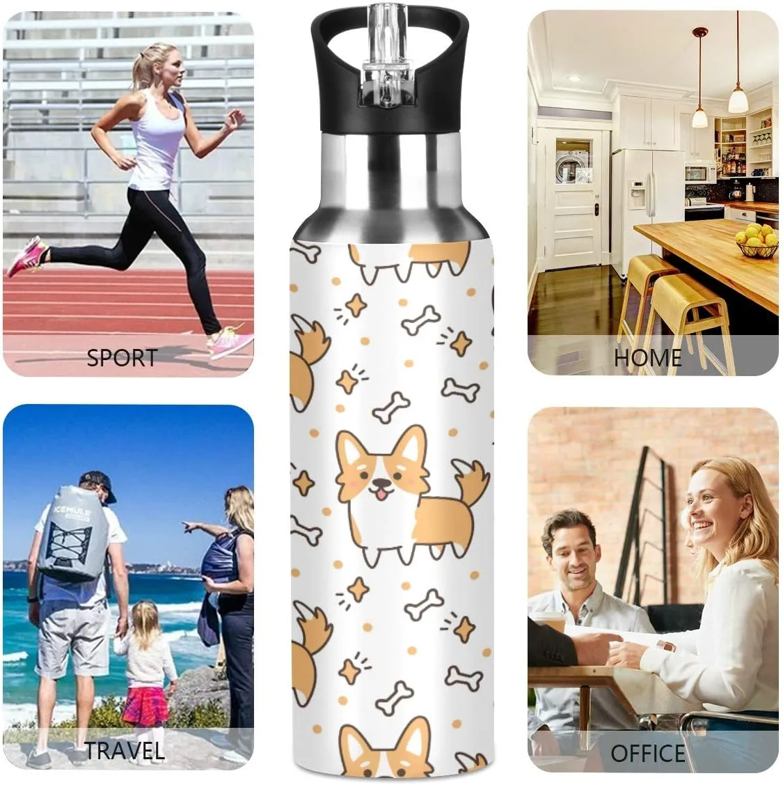 Cute Welsh Corgi Stainless Steel Water Bottle with Straw, BPA Free Reusable Leakproof Water Jug for Fitness Camping Outdoor Sports