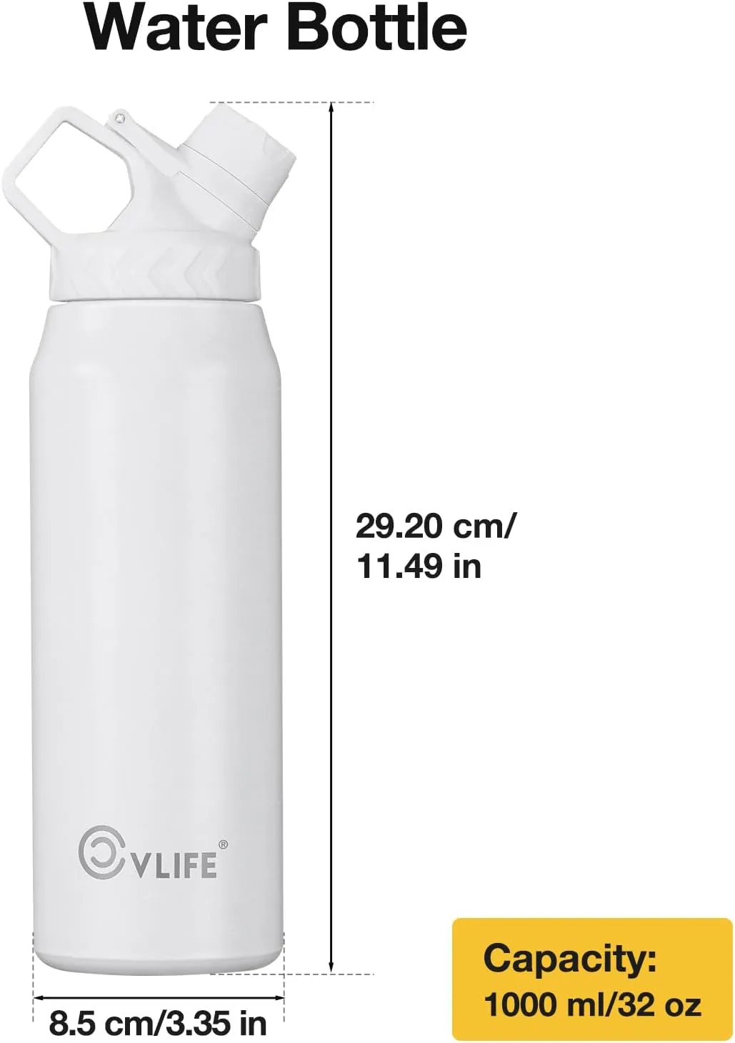 CVLIFE Insulated Water Bottle, 32 oz Stainless Steel Metal Water Bottle, Slanted Lid Design Travel Thermos Bottle, BPA Free, Lightweight and Leakproof, Suitable for Sports, Travel, Hiking, White