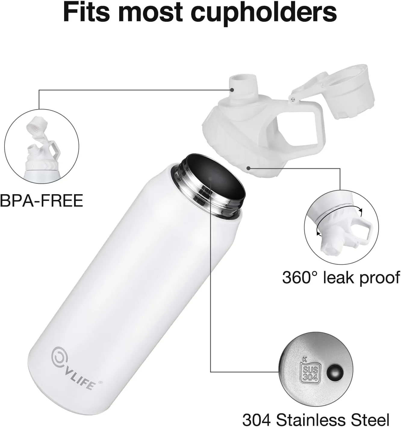 CVLIFE Insulated Water Bottle, 32 oz Stainless Steel Metal Water Bottle, Slanted Lid Design Travel Thermos Bottle, BPA Free, Lightweight and Leakproof, Suitable for Sports, Travel, Hiking, White