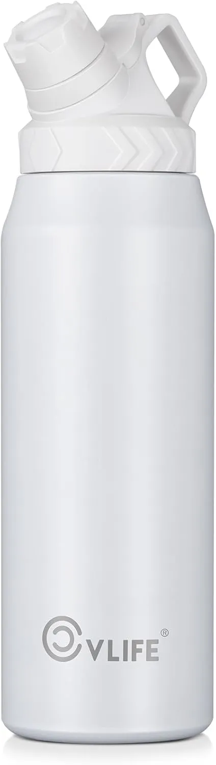 CVLIFE Insulated Water Bottle, 32 oz Stainless Steel Metal Water Bottle, Slanted Lid Design Travel Thermos Bottle, BPA Free, Lightweight and Leakproof, Suitable for Sports, Travel, Hiking, White