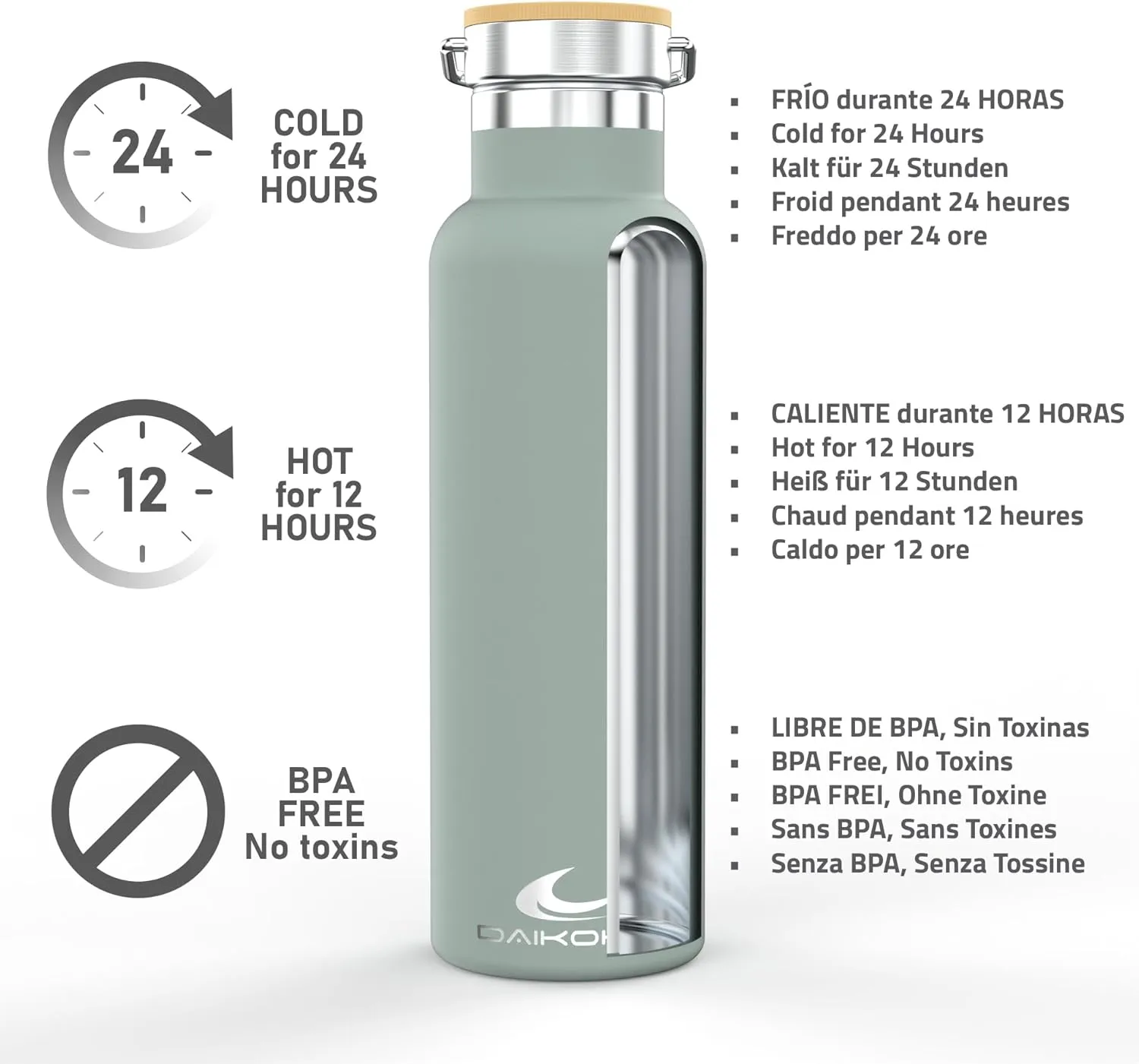 Daikoku Double Wall Stainless Steel Thermal Bottle, Thermos Bottle Keeps Drinks Cold or Hot for Hours, Two Caps, Pastel Green, 750 ml