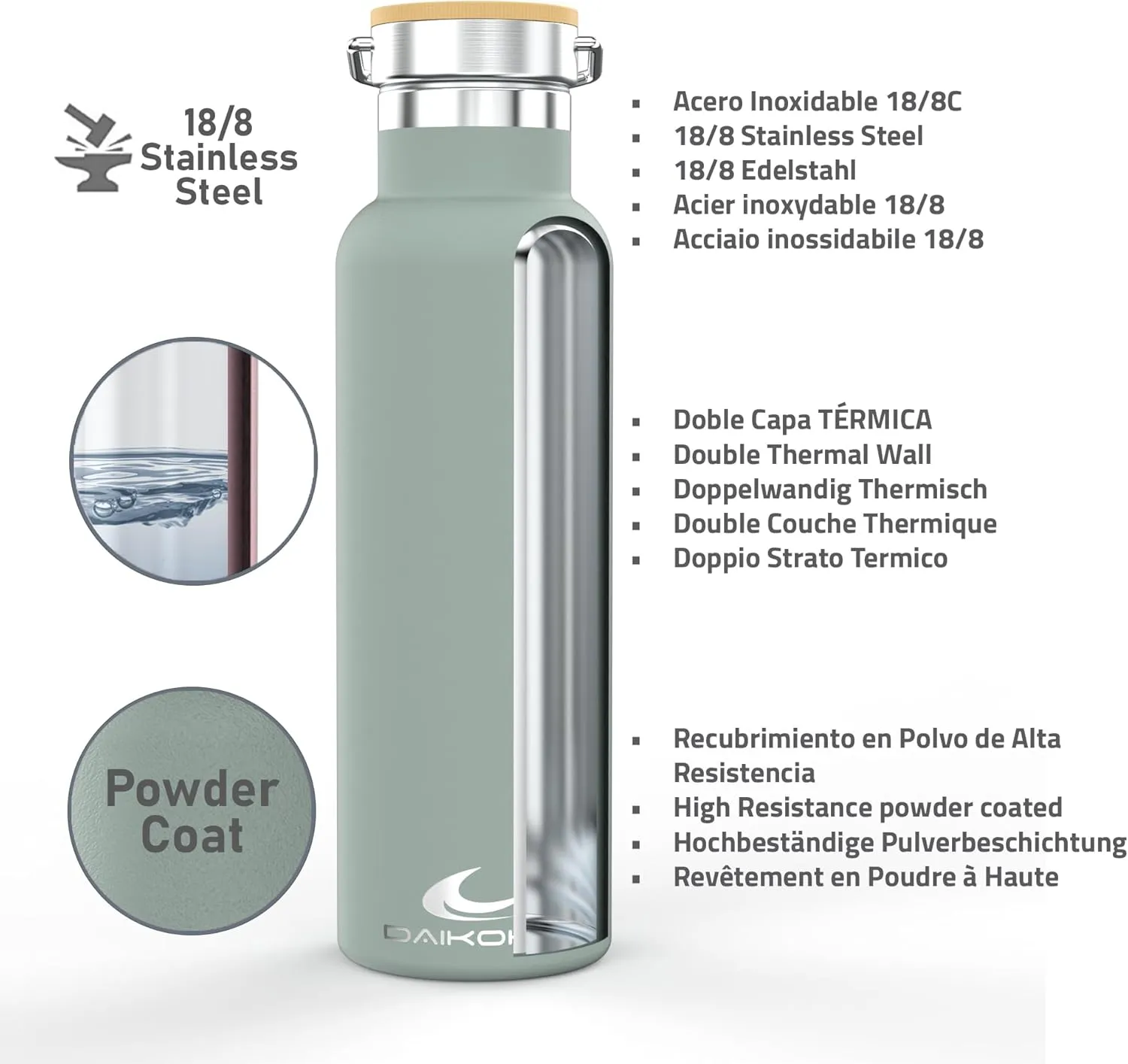 Daikoku Double Wall Stainless Steel Thermal Bottle, Thermos Bottle Keeps Drinks Cold or Hot for Hours, Two Caps, Pastel Green, 750 ml
