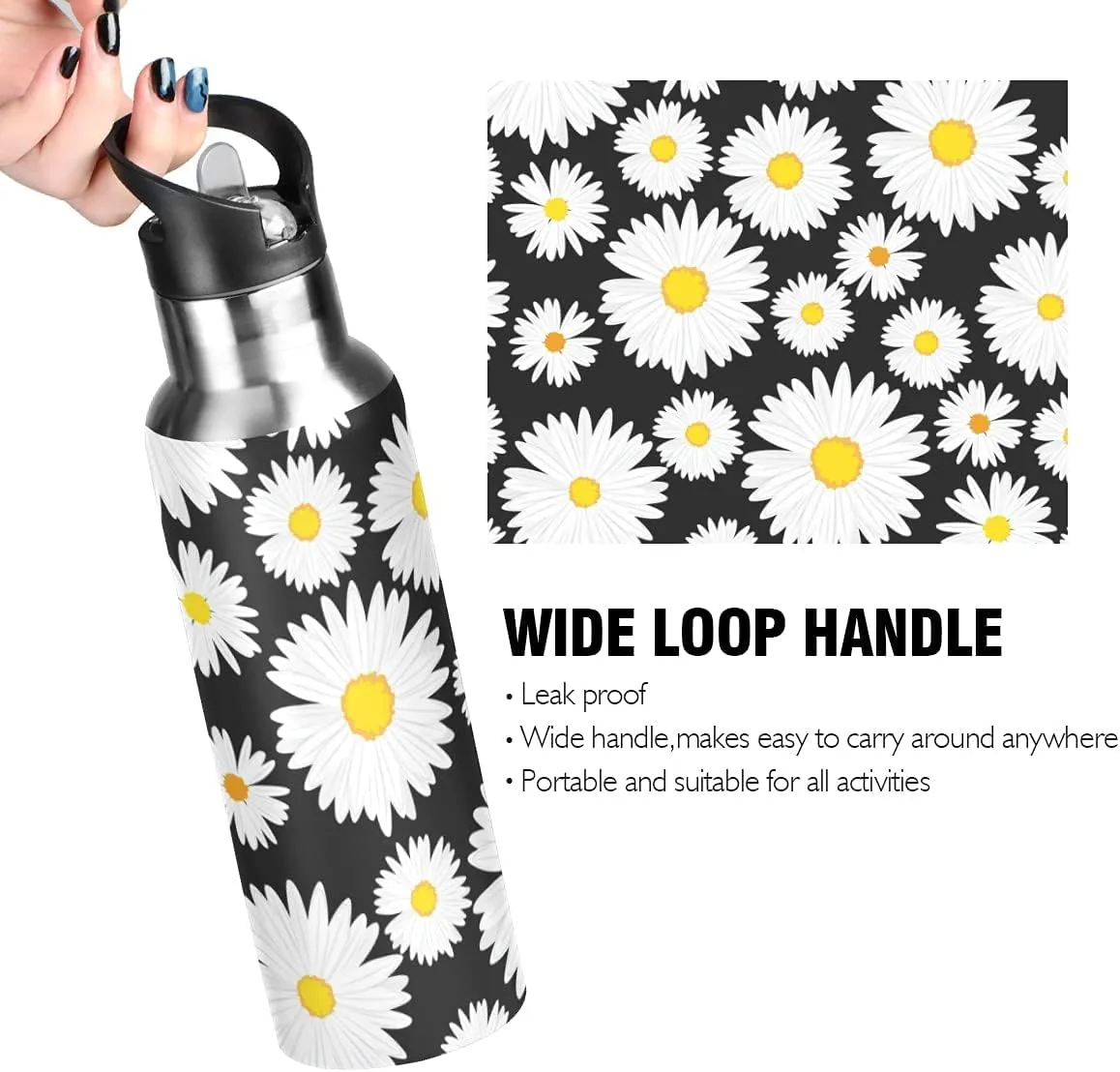 Daisy Water Bottle Daisies Black White Water Bottle Kids Bottle with Straw Lid Kids Insulated Stainless Steel Water Flask Leakproof Bottle 20 oz
