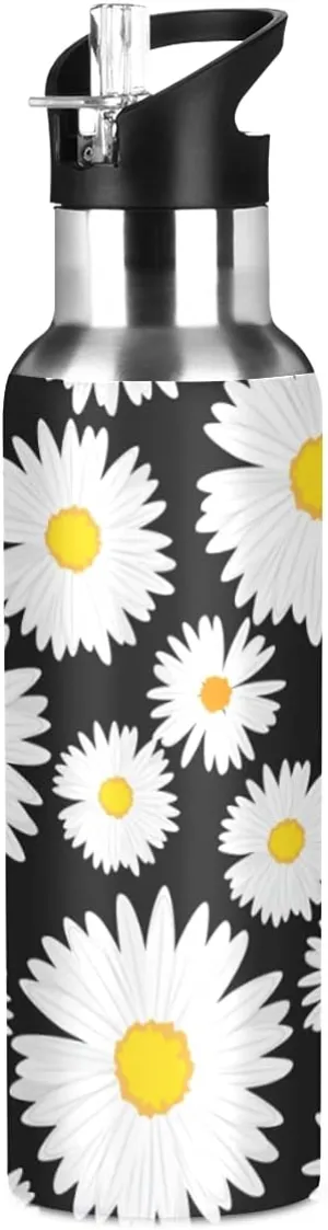 Daisy Water Bottle Daisies Black White Water Bottle Kids Bottle with Straw Lid Kids Insulated Stainless Steel Water Flask Leakproof Bottle 20 oz