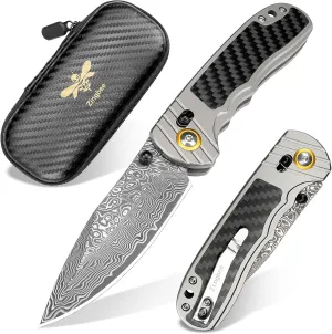 Damascus Pocket Knife for Men Women, 3.15" Damascus Steel Blade Pocket Knives & Folding Knives with Carbon Fiber Overlay Handle