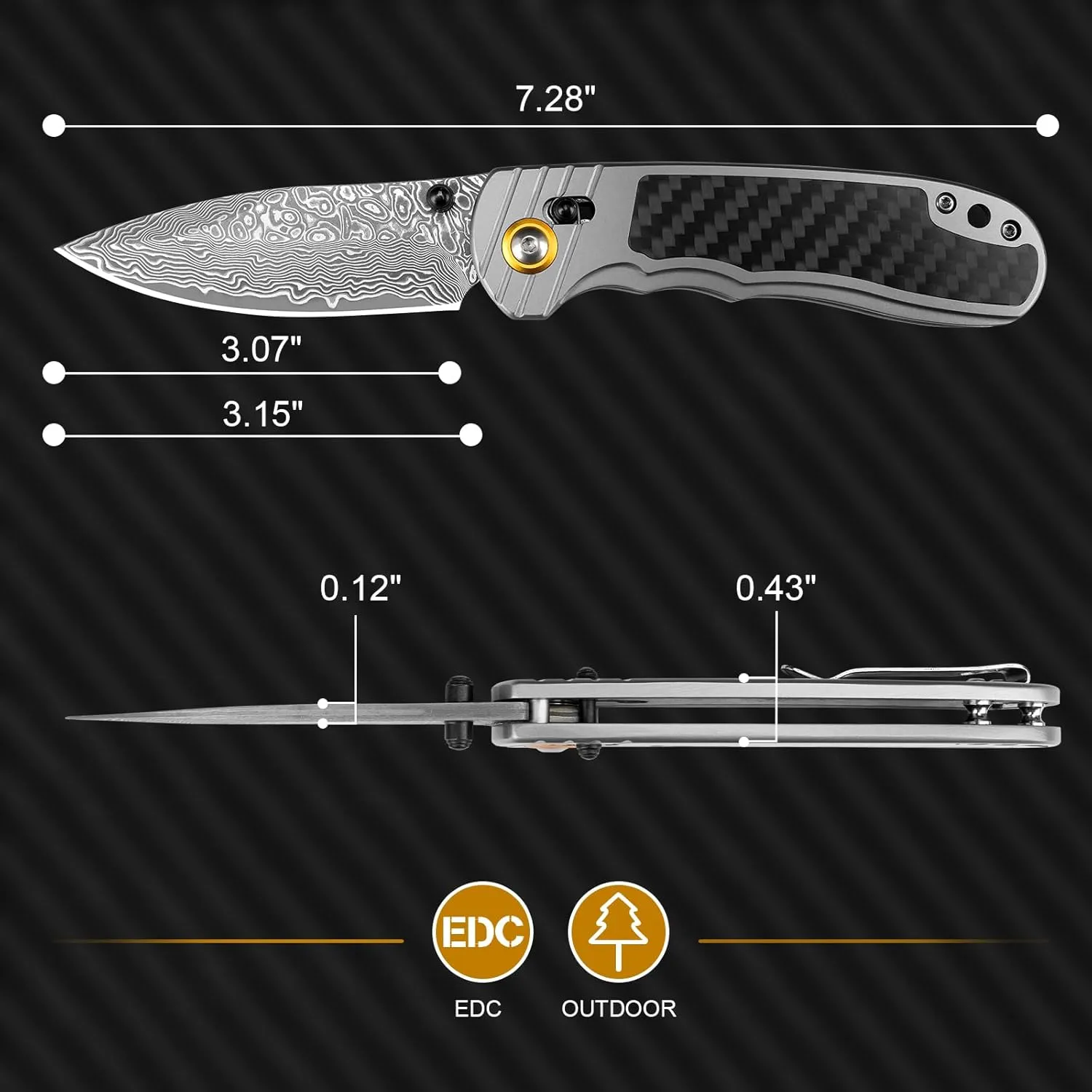 Damascus Pocket Knife for Men Women, 3.15" Damascus Steel Blade Pocket Knives & Folding Knives with Carbon Fiber Overlay Handle