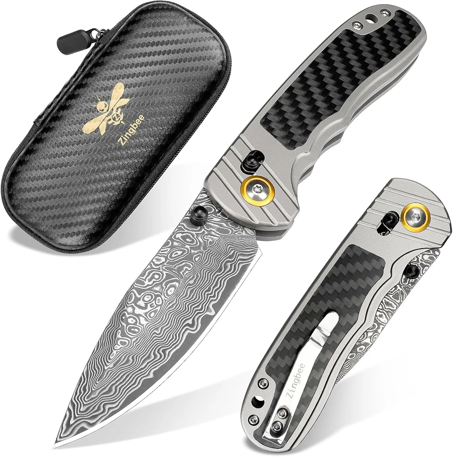 Damascus Pocket Knife for Men Women, 3.15" Damascus Steel Blade Pocket Knives & Folding Knives with Carbon Fiber Overlay Handle
