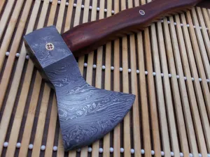 Damascus Steel Log Splitter Axe, 14.5 Inches Long Hand Forged with Rose Wood Round Handle, Bearded Hiking Battle Axe, Thick Cow Hide Leather Sheath