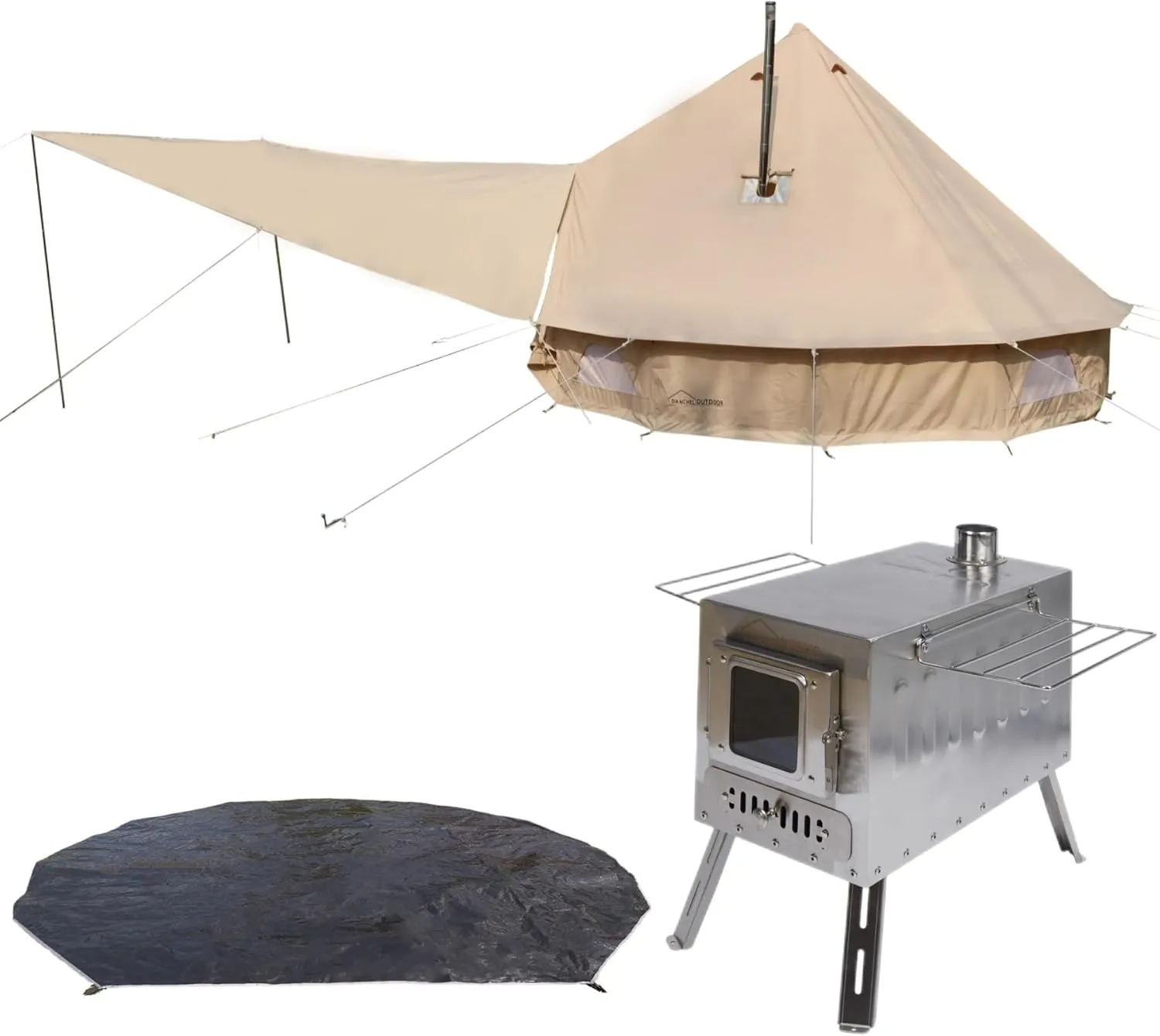 DANCHEL OUTDOOR 2 Stove Jack 4 Season Canvas Bell Tent with Large Stove, Waterproof Tarp, Footprint for 4 Person Camping,4M/13FT