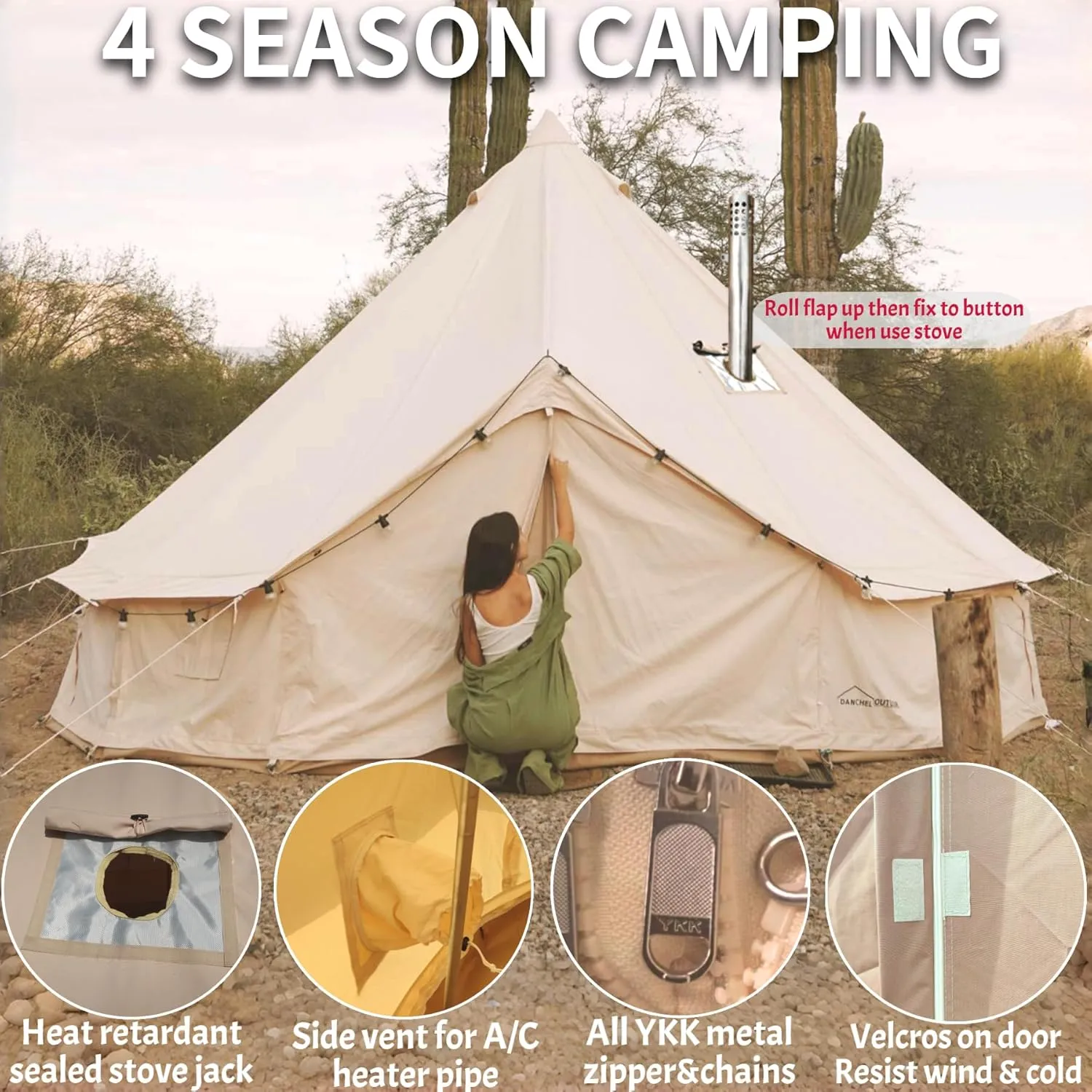 DANCHEL OUTDOOR B5PRO 4 Season Canvas Bell Tent with Stove Jack& A/C Vent, Glamping Yurt for All Year Living 4/6/8 Person Large Wall Tent Camping, 13ft-20ft