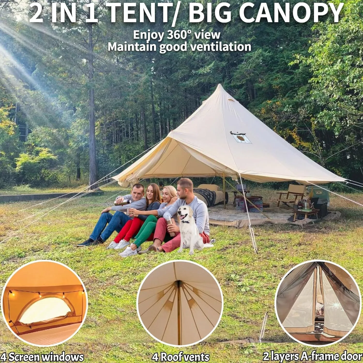 DANCHEL OUTDOOR B5PRO 4 Season Canvas Bell Tent with Stove Jack& A/C Vent, Glamping Yurt for All Year Living 4/6/8 Person Large Wall Tent Camping, 13ft-20ft