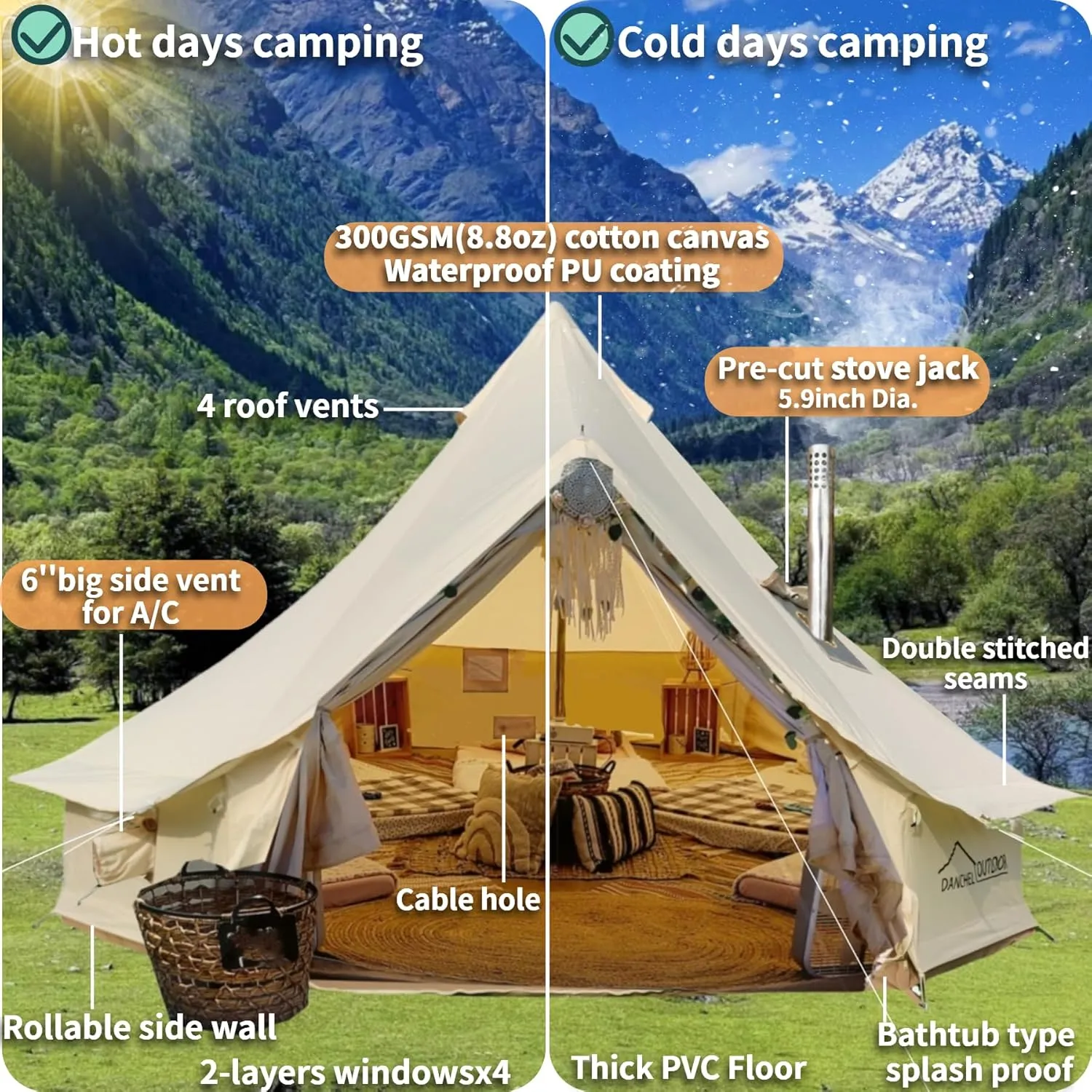 DANCHEL OUTDOOR B5PRO 4 Season Canvas Bell Tent with Stove Jack& A/C Vent, Glamping Yurt for All Year Living 4/6/8 Person Large Wall Tent Camping, 13ft-20ft