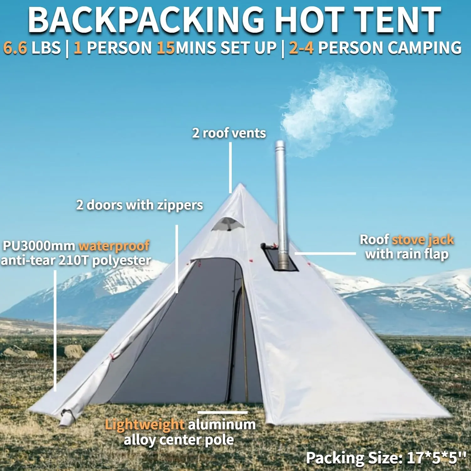 DANCHEL OUTDOOR Backpacking Hot Tent with Stove Jack for 2/4 Person Camping, 4 Season Lighweight Teepee Tent for Hunting Winter Solo Camping,10.5ft/13ft