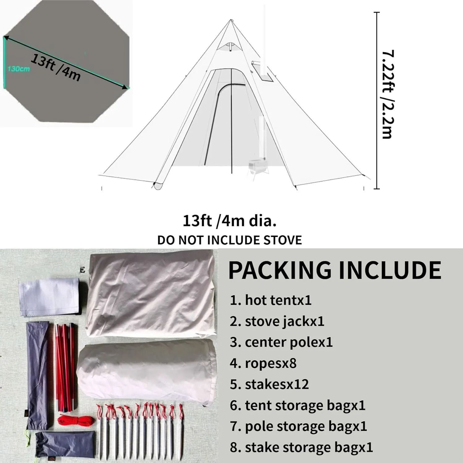 DANCHEL OUTDOOR Backpacking Hot Tent with Stove Jack for 2/4 Person Camping, 4 Season Lighweight Teepee Tent for Hunting Winter Solo Camping,10.5ft/13ft
