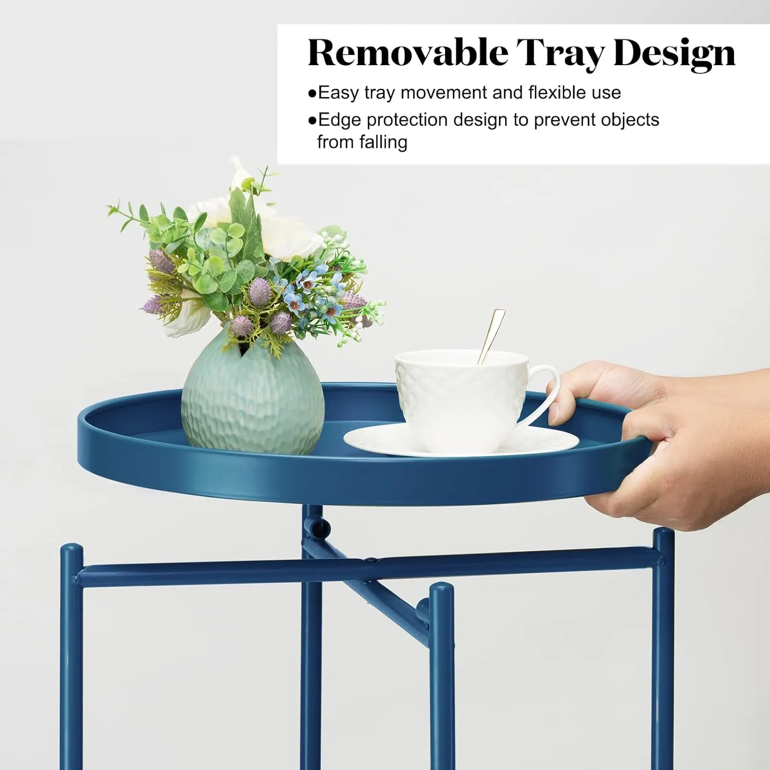 danpinera 2-Tier End Table, Outdoor Side Table Metal Round Side Table with Removable Tray, Small Accent Table, Anti-Rust Nightstand for Bedroom Balcony Patio Living Room (Navy Blue)